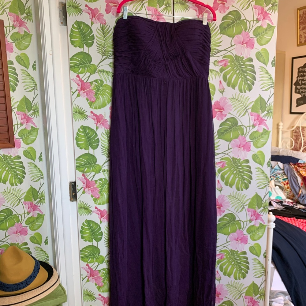 Rouched, strappless purple silk gown